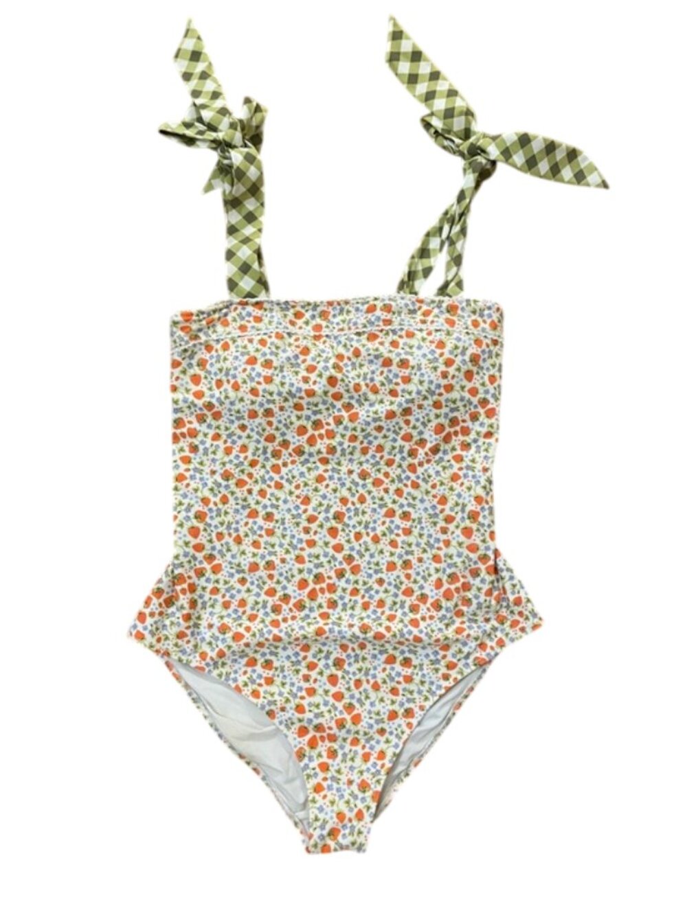 Aerie Real Good Strawberry Floral Bandeau Swimsuit Gingham Tie Women's M